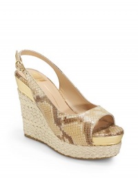 THE LOOKPeep toeSnakeskin-embossed leather upperAdjustable slingback strapPadded insoleCork and espadrille wedge, 4¼(110mm)Cork and espadrille platform, 1¾(45mm)Compares to a 2½ heel(65mm)THE MATERIALSnakeskin-embossed leather upperLeather liningRubber soleORIGINImported THE LOOKPeep toeSnakeskin-embossed leather upperAdjustable slingback strapPadded insoleCork and espadrille wedge, 4¼(110mm)Cork and espadrille platform, 1¾(45mm)Compares to a 2½ heel(65mm)THE MATERIALSnakeskin-embossed leather upperLeather liningRubber soleORIGINImported