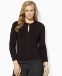 Sleek stretch jersey forms the foundation of Lauren Ralph Lauren's chic split-neck top, finished with a hook-and-eye closure at the neckline to create an alluring keyhole detail Sleek stretch jersey forms the foundation of Lauren Ralph Lauren's chic split-neck top, finished with a hook-and-eye closure at the neckline to create an alluring keyhole detail