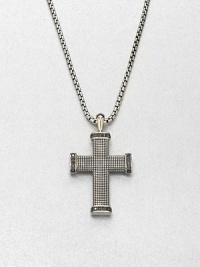 Black diamonds outline this exquisite cross pendant of sterling silver, suspended from a box chain necklace.Sterling silverBlack diamondLength, about 22Imported Black diamonds outline this exquisite cross pendant of sterling silver, suspended from a box chain necklace.Sterling silverBlack diamondLength, about 22Imported