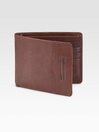 Beautifully crafted billfold style in genuine leather.One billfold compartmentEight card slotsFully lined4½ x 3½Imported