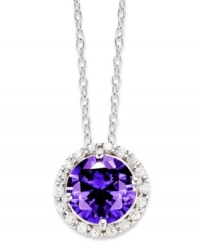 Add a splash of color to your look. B. Brilliant's pretty round-cut pendant features purple and clear cubic zirconias (2-1/5 ct. t.w.) set in sterling silver. Approximate length: 18 inches. Approximate drop: 1/3 inch. Add a splash of color to your look. B. Brilliant's pretty round-cut pendant features purple and clear cubic zirconias (2-1/5 ct. t.w.) set in sterling silver. Approximate length: 18 inches. Approximate drop: 1/3 inch.