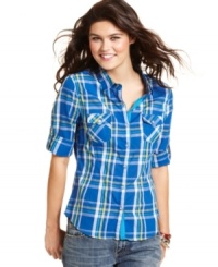 It's official: we're mad for plaid! Ali & Kris' classic button-down top features roll-tab sleeves for sporty, every day style. It's official: we're mad for plaid! Ali & Kris' classic button-down top features roll-tab sleeves for sporty, every day style.