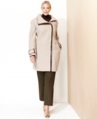 Calvin Klein, the master of minimalism, gives you a streamlined plus size coat with sophisticated faux-leather trim. Calvin Klein, the master of minimalism, gives you a streamlined plus size coat with sophisticated faux-leather trim.