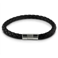 Braided 6mm Black Leather and Stainless Steel Magnetic Mens Bracelet (8 inches)