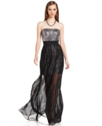 Sparkly sequins and sheer chiffon make a dramatic statement on this MM Couture maxi dress -- perfect for sweeping soiree style!