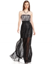 Sparkly sequins and sheer chiffon make a dramatic statement on this MM Couture maxi dress -- perfect for sweeping soiree style! Sparkly sequins and sheer chiffon make a dramatic statement on this MM Couture maxi dress -- perfect for sweeping soiree style!