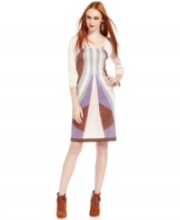 Geometric colorblocking adds a retro appeal to this Bar III sheath dress -- pair it with tights and boots for easy fall style! Geometric colorblocking adds a retro appeal to this Bar III sheath dress -- pair it with tights and boots for easy fall style!