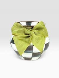 A charming enamelware design in a handpainted checkerboard juxtaposition of ivory and onyx with bronzed stainless steel trim. Chartreuse ribbon included Enameled steel 8-ounce capacity 4¾H X 5 diam. Dishwasher safe Made in USA A charming enamelware design in a handpainted checkerboard juxtaposition of ivory and onyx with bronzed stainless steel trim. Chartreuse ribbon included Enameled steel 8-ounce capacity 4¾H X 5 diam. Dishwasher safe Made in USA