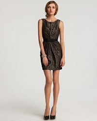 Rich black and gold jacquard is accented with unique sunburst pleating and a darling bow belt in this party-ready shift from Max & Cleo. Rich black and gold jacquard is accented with unique sunburst pleating and a darling bow belt in this party-ready shift from Max & Cleo.