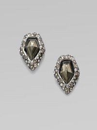 Faceted tapered chunks of silvery pyrite are elegantly edged in a gunmetal setting sprinkled with Swarovski crystals.Pyrite and crystalRuthenium platedLength, about ¾Post backMade in USA Faceted tapered chunks of silvery pyrite are elegantly edged in a gunmetal setting sprinkled with Swarovski crystals.Pyrite and crystalRuthenium platedLength, about ¾Post backMade in USA