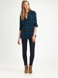 Roll-tab details, front besom pockets and a long silhouette modernize this preppy plaid go-to. Point collarLong roll-tab sleevesButton frontFront besom pocketsLong roll-tab hem hits below the hips99% cotton/1% elastaneMachine washImportedModel shown is 5'11 (178cm) wearing US size Small. Roll-tab details, front besom pockets and a long silhouette modernize this preppy plaid go-to. Point collarLong roll-tab sleevesButton frontFront besom pocketsLong roll-tab hem hits below the hips99% cotton/1% elastaneMachine washImportedModel shown is 5'11 (178cm) wearing US size Small.