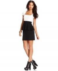 A peplum hem adds femme flair to this otherwise graphic black & white Bar III mini dress -- perfect for soiree style! A peplum hem adds femme flair to this otherwise graphic black & white Bar III mini dress -- perfect for soiree style!
