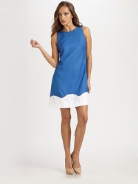 This graphic A-line sheath features a wavy contrast hem, accented with ropy, textural piping.Jewel necklineSleevelessWave hem with pipingConcealed back zipFully linedAbout 19 from natural waistPolyesterDry cleanMade in USA of imported fabricModel shown is 5'9 (175cm) wearing US size 2. This graphic A-line sheath features a wavy contrast hem, accented with ropy, textural piping.Jewel necklineSleevelessWave hem with pipingConcealed back zipFully linedAbout 19 from natural waistPolyesterDry cleanMade in USA of imported fabricModel shown is 5'9 (175cm) wearing US size 2.