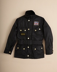 Drawing from military traditions and utility gear, this rugged waxed-cotton jacket keeps the look current with engraved goldtone hardware, corduroy trim and a Union Jack logo patch at the left chest. Drawing from military traditions and utility gear, this rugged waxed-cotton jacket keeps the look current with engraved goldtone hardware, corduroy trim and a Union Jack logo patch at the left chest.