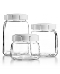 Create a new order in your kitchen with this set of three food storage canisters. Made from stain-resistant glass, each container brings organization to your countertop and features an airtight, leak-proof snap-lock lid that traps in the flavor and freshness of your favorite ingredients. Create a new order in your kitchen with this set of three food storage canisters. Made from stain-resistant glass, each container brings organization to your countertop and features an airtight, leak-proof snap-lock lid that traps in the flavor and freshness of your favorite ingredients.