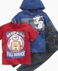 Get his seasonal wardrobe stocked in a single buy: Three-piece set from Nannette includes on-trend tee and hoodie with vintage-looking service station graphics, plus a pair of pull-on denim jeans with classic five-pocket styling. Get his seasonal wardrobe stocked in a single buy: Three-piece set from Nannette includes on-trend tee and hoodie with vintage-looking service station graphics, plus a pair of pull-on denim jeans with classic five-pocket styling.