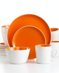 Made to last and easy to love, Oneida's Color Burst dinnerware boasts everyday durability and a modern two-tone design. A treat for tables of four, this set combines bright white and fiery mango in clean coupe shapes. Made to last and easy to love, Oneida's Color Burst dinnerware boasts everyday durability and a modern two-tone design. A treat for tables of four, this set combines bright white and fiery mango in clean coupe shapes.
