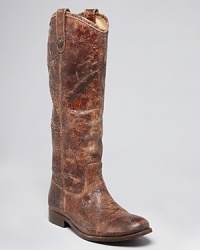 In glazed, heavily distressed leather, Frye's Melissa button boots lend rugged western style. In glazed, heavily distressed leather, Frye's Melissa button boots lend rugged western style.