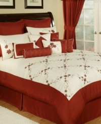 Deep red brings a romantic touch to your room in this Chelsea comforter set, featuring a delicate floral design flowing on a crisp white ground. Comes complete with coordinating window treatments, shams, and six decorative pillows for a graceful new look full of depth and style. Deep red brings a romantic touch to your room in this Chelsea comforter set, featuring a delicate floral design flowing on a crisp white ground. Comes complete with coordinating window treatments, shams, and six decorative pillows for a graceful new look full of depth and style.