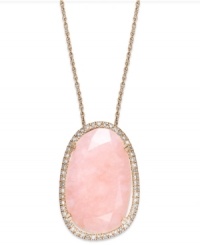 Pink polish. This beautiful asymmetrical pink opal (10-1/4 ct. t.w.) pops against a sparkling round-cut diamond frame (1/4 ct. t.w.). Set in 14k rose gold over sterling silver. Approximate length: 18 inches. Approximate drop: 3/4 inch. Pink polish. This beautiful asymmetrical pink opal (10-1/4 ct. t.w.) pops against a sparkling round-cut diamond frame (1/4 ct. t.w.). Set in 14k rose gold over sterling silver. Approximate length: 18 inches. Approximate drop: 3/4 inch.