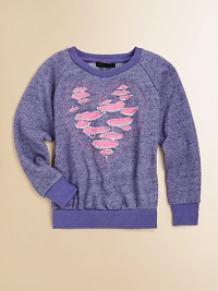 A tweedy knit of soft, plush French terry is artfully adorned with colorful cutouts that form an abstract heart.Ribbed crew necklineLong raglan sleeves with smooth knit cuffsSmooth knit banded hemFrayed, front heart cutout design80% cotton/20% polyesterHand washImported