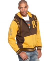 Colorblock print in cozy fleece make this Rocawear hoodie a cool and hot choice. Colorblock print in cozy fleece make this Rocawear hoodie a cool and hot choice.