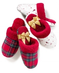 For fireside nights or shower-fresh mornings. Slip your feet into the festive and cozy Holiday Lane slippers by Charter Club.