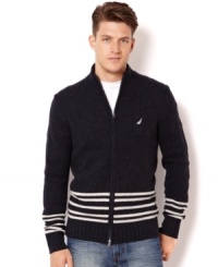 Dress with purpose wearing this full-zip striped sweater from Nautica. Dress with purpose wearing this full-zip striped sweater from Nautica.