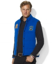 Support your country of choice in a quilted fleece vest with polished leather-trimmed details, a signature Ralph Lauren crest at the front and the country name and flag patch at the back. Support your country of choice in a quilted fleece vest with polished leather-trimmed details, a signature Ralph Lauren crest at the front and the country name and flag patch at the back.