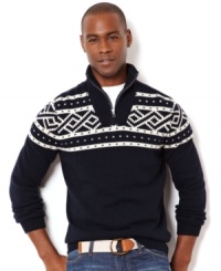 Add a classic pattern to a modern quarter-zip sweater from Nautica for a great fall weather combination. Add a classic pattern to a modern quarter-zip sweater from Nautica for a great fall weather combination.
