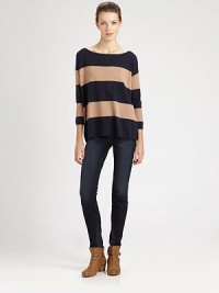 Soft, semi-sheer boatneck with dolman sleeves and allover bold stripes. BoatneckThree-quarter dolman sleevesLonger length hits below the hips40% nylon/35% rayon/20% wool/5% cashmereDry cleanImportedModel shown is 5'8½ (174cm) wearing US size Small. Soft, semi-sheer boatneck with dolman sleeves and allover bold stripes. BoatneckThree-quarter dolman sleevesLonger length hits below the hips40% nylon/35% rayon/20% wool/5% cashmereDry cleanImportedModel shown is 5'8½ (174cm) wearing US size Small.