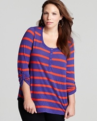 Sleek stripes adorn a sumptuous Splendid Plus henley top for a sporty-chic look. Sleek stripes adorn a sumptuous Splendid Plus henley top for a sporty-chic look.