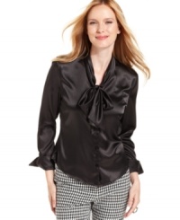 Effortlessly chic for work, but appropriate for an evening out too -- Nine West's satin bow-neck blouse checks all the boxes Effortlessly chic for work, but appropriate for an evening out too -- Nine West's satin bow-neck blouse checks all the boxes