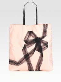 A feminine point d'esprit bow accents this lightweight nylon design.Double patent leather shoulder straps, 7½ dropMagnetic snap closureOne inside zip pocketCotton lining13½W X 14½H X 2DMade in Italy A feminine point d'esprit bow accents this lightweight nylon design.Double patent leather shoulder straps, 7½ dropMagnetic snap closureOne inside zip pocketCotton lining13½W X 14½H X 2DMade in Italy