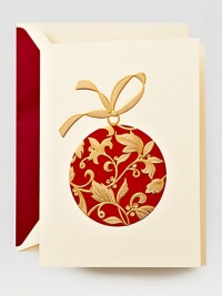 Dramatic with a touch of whimsy, the hand-engraved red and gold ornament on this Christmas card is holiday perfection. Inside reads May the joys and blessings of the Christmas season be yours throughout the year. Consider the garnet-lined cream envelope the star on top of the tree.Set of 10 cards5.5 X 7.38Made in USA Dramatic with a touch of whimsy, the hand-engraved red and gold ornament on this Christmas card is holiday perfection. Inside reads May the joys and blessings of the Christmas season be yours throughout the year. Consider the garnet-lined cream envelope the star on top of the tree.Set of 10 cards5.5 X 7.38Made in USA