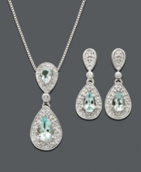 Pick up pools of pastel sparkle in chic figure eights. Jewelry set crafted in sterling silver with pear-cut aquamarine (7/8 ct. t.w.) and sparkling diamond accents. Approximate pendant length: 18 inches. Approximate pendant drop: 1 inch. Approximate earring drop: 3/4 inch. Pick up pools of pastel sparkle in chic figure eights. Jewelry set crafted in sterling silver with pear-cut aquamarine (7/8 ct. t.w.) and sparkling diamond accents. Approximate pendant length: 18 inches. Approximate pendant drop: 1 inch. Approximate earring drop: 3/4 inch.
