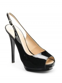 THE LOOKPeep toeSlingback ankle strap with buckle closureSelf-covered heel 3½ (90mm)Self-covered platform, 1 (25mm)Compares to a 2½ heel (65mm)THE MATERIALPatent leatherLeather lining and soleORIGINMade in Italy THE LOOKPeep toeSlingback ankle strap with buckle closureSelf-covered heel 3½ (90mm)Self-covered platform, 1 (25mm)Compares to a 2½ heel (65mm)THE MATERIALPatent leatherLeather lining and soleORIGINMade in Italy