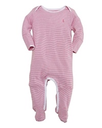 An essential long-sleeved footed coverall is rendered in soft, striped cotton jersey. An essential long-sleeved footed coverall is rendered in soft, striped cotton jersey.
