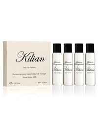 A fragrance inspired by Plum from Damascus, a delicate fruit with a smooth note redolent of an alcove inhabited by languid lovers. A travel spray for men and women. A magnetic object, literally. A monolith engraved with the Achilles' shield, signature of L'Oeuvre noire collection. As always, the travel spray is refillable to travel with your favorite Kilian fragrance. A set with 4 refills, 0.25 oz. each. A fragrance inspired by Plum from Damascus, a delicate fruit with a smooth note redolent of an alcove inhabited by languid lovers. A travel spray for men and women. A magnetic object, literally. A monolith engraved with the Achilles' shield, signature of L'Oeuvre noire collection. As always, the travel spray is refillable to travel with your favorite Kilian fragrance. A set with 4 refills, 0.25 oz. each.