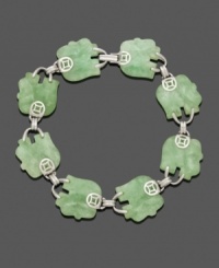Good luck and vivid color combine in this beautifully crafted bracelet. Jade links (15 mm) carved in the shape of elephants add character to a polished sterling silver setting. Approximate length: 7-1/2 inches. Good luck and vivid color combine in this beautifully crafted bracelet. Jade links (15 mm) carved in the shape of elephants add character to a polished sterling silver setting. Approximate length: 7-1/2 inches.
