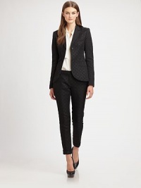 A well-appointed two-button blazer articulated in opulent jacquard.Notched-collarDefined shouldersChest pocketButton frontThree flap pocketsAbout 24 from shoulder to hem47% polyester/34% cotton/19% viscoseDry cleanMade in USA of Italian fabricModel shown is 5'10 (177cm) wearing US size 4. A well-appointed two-button blazer articulated in opulent jacquard.Notched-collarDefined shouldersChest pocketButton frontThree flap pocketsAbout 24 from shoulder to hem47% polyester/34% cotton/19% viscoseDry cleanMade in USA of Italian fabricModel shown is 5'10 (177cm) wearing US size 4.