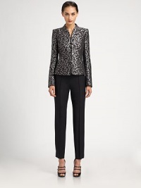 Equal parts exotic and elegant, this flawlessly tailored jacquard style is woven in an animal-inspired print.Molded stand collarConcealed button closuresBanded waistFully linedAbout 21 from shoulder to hem33% acrylic/29% acetate/15% wool/12% silk/7% nylon/4% microfiberDry cleanMade in Italy of imported fabricModel shown is 5'10 (177cm) wearing US size 2. Equal parts exotic and elegant, this flawlessly tailored jacquard style is woven in an animal-inspired print.Molded stand collarConcealed button closuresBanded waistFully linedAbout 21 from shoulder to hem33% acrylic/29% acetate/15% wool/12% silk/7% nylon/4% microfiberDry cleanMade in Italy of imported fabricModel shown is 5'10 (177cm) wearing US size 2.