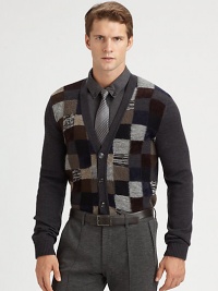 Multicolored patchwork design elevates a classic cardigan shaped in superior wool.Button-frontRibbed cuffsWoolDry cleanImported Multicolored patchwork design elevates a classic cardigan shaped in superior wool.Button-frontRibbed cuffsWoolDry cleanImported