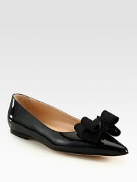 Elaborate silk-blend bow and signature point toe characterize a gleaming patent leather ballet flat. Patent leather upperLeather lining and solePadded insoleMade in ItalyOUR FIT MODEL RECOMMENDS ordering one half size up as this style runs small. Elaborate silk-blend bow and signature point toe characterize a gleaming patent leather ballet flat. Patent leather upperLeather lining and solePadded insoleMade in ItalyOUR FIT MODEL RECOMMENDS ordering one half size up as this style runs small.