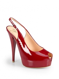 THE LOOKPeep toeAdjustable slingback strapPadded insoleSelf-covered heel 5½ (140mm)Self-covered platform, 1¼ (30mm)Compares to a 4¼ heel (110mm)THE MATERIALPatent leather upperLeather lining and soleORIGINMade in Italy THE LOOKPeep toeAdjustable slingback strapPadded insoleSelf-covered heel 5½ (140mm)Self-covered platform, 1¼ (30mm)Compares to a 4¼ heel (110mm)THE MATERIALPatent leather upperLeather lining and soleORIGINMade in Italy