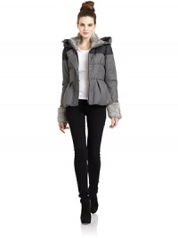 THE LOOKQuilted houndstooth designRabbit fur-lined funnelneckRemovable hood with drawstringContrast wool yoke panelConcealed front zip and snap closureLong sleeves with rabbit fur cuffsPrincess seamsPleated THE LOOKQuilted houndstooth designRabbit fur-lined funnelneckRemovable hood with drawstringContrast wool yoke panelConcealed front zip and snap closureLong sleeves with rabbit fur cuffsPrincess seamsPleated