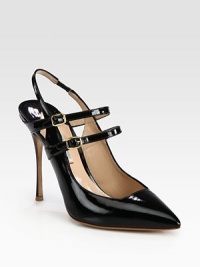 Double ankle straps top this point toe slingback pump rendered in glossy patent leather. Self-covered heel, 4¼ (110mm)Patent leather upperPoint toeAdjustable ankle strapsElasticized slingback strapLeather lining and solePadded insoleMade in Italy Double ankle straps top this point toe slingback pump rendered in glossy patent leather. Self-covered heel, 4¼ (110mm)Patent leather upperPoint toeAdjustable ankle strapsElasticized slingback strapLeather lining and solePadded insoleMade in Italy