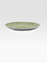 A lovely addition to any table, handcrafted in India with artisanal detail in fluted metal with an opalescent, crushed mother-of-pearl enamel. Food safe Engraved signature 16W X 2H X 7½ Hand wash Imported A lovely addition to any table, handcrafted in India with artisanal detail in fluted metal with an opalescent, crushed mother-of-pearl enamel. Food safe Engraved signature 16W X 2H X 7½ Hand wash Imported