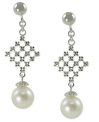 Pearls with panache. These drop earrings, crafted from sterling silver, feature a postmodern pattern before ending in cultured freshwater pearls (8-8-1/2 mm) for an elegant touch. Approximate drop length: 1-1/3 inches. Approximate drop width: 1/2 inch. Pearls with panache. These drop earrings, crafted from sterling silver, feature a postmodern pattern before ending in cultured freshwater pearls (8-8-1/2 mm) for an elegant touch. Approximate drop length: 1-1/3 inches. Approximate drop width: 1/2 inch.