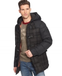 Bundle up if you have to-but do it in style. This zip up parka from Armani Jeans is made with a hood, removable collar tab, and high-tech quilting for warmth. Plus all kinds of details-color blocking, toggle closures, flap pockets-added for their sheer good looks. Bundle up if you have to-but do it in style. This zip up parka from Armani Jeans is made with a hood, removable collar tab, and high-tech quilting for warmth. Plus all kinds of details-color blocking, toggle closures, flap pockets-added for their sheer good looks.